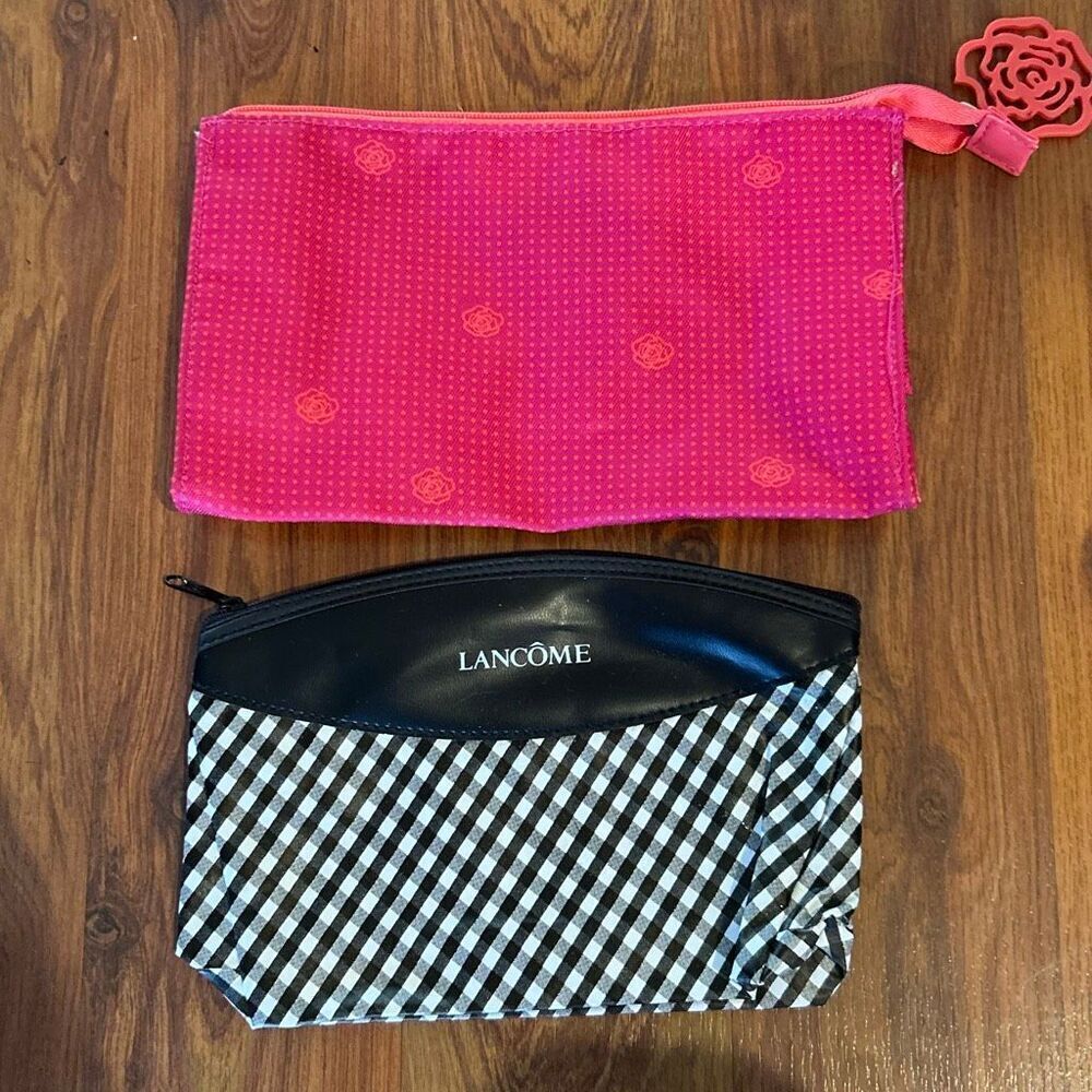 2 NEW Lancôme Pink and black gingham satin make up bags